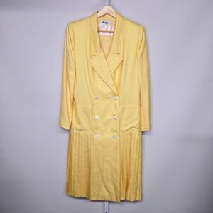 80's Vintage Helga Henry Harris Yellow Double Breasted Pleated Midi Dress Blazer